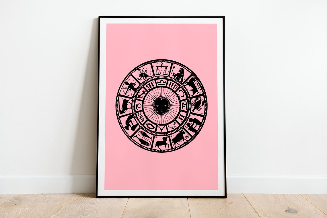 Ecliptic Zodiac Wheel Chart Print Pink Vintage Astrology Circle Art