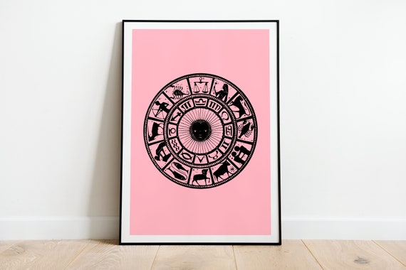 Ecliptic Horoscope Chart Print Poster A3 A4 A5 Astrology Zodiac Sign Pink Constellation Home Decor Wall Art Deco Minimalist Drawing Gift