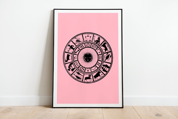 Ecliptic Zodiac Wheel Chart Print Pink Vintage Astrology Circle Art