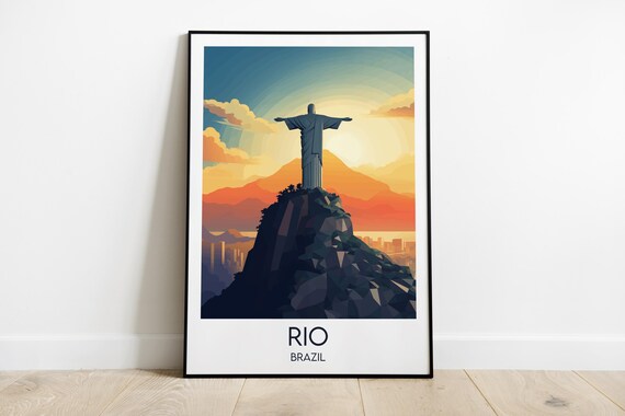Rio de Janeiro Brazil Christ the Redeemer Sunset Vintage Travel Poster