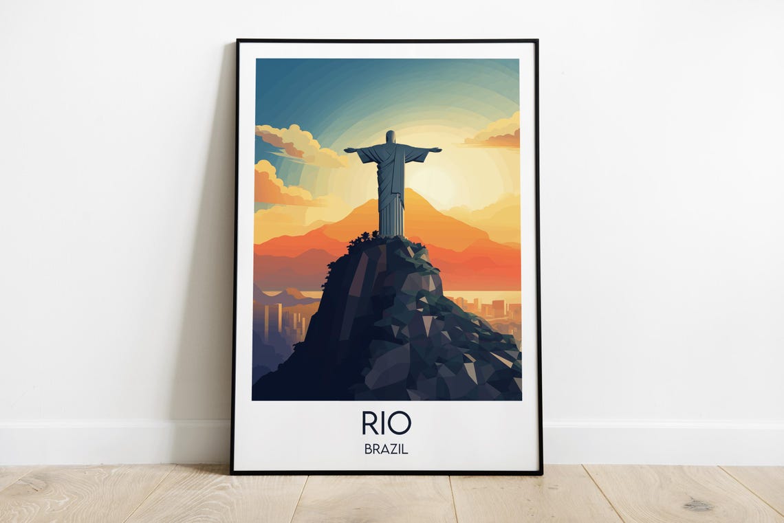 Rio de Janeiro Brazil Christ the Redeemer Sunset Vintage Travel Poster