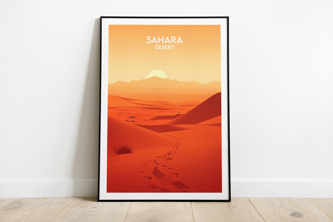 Sahara Desert Dunes Sunrise Footprints Warm Orange Travel Art Poster