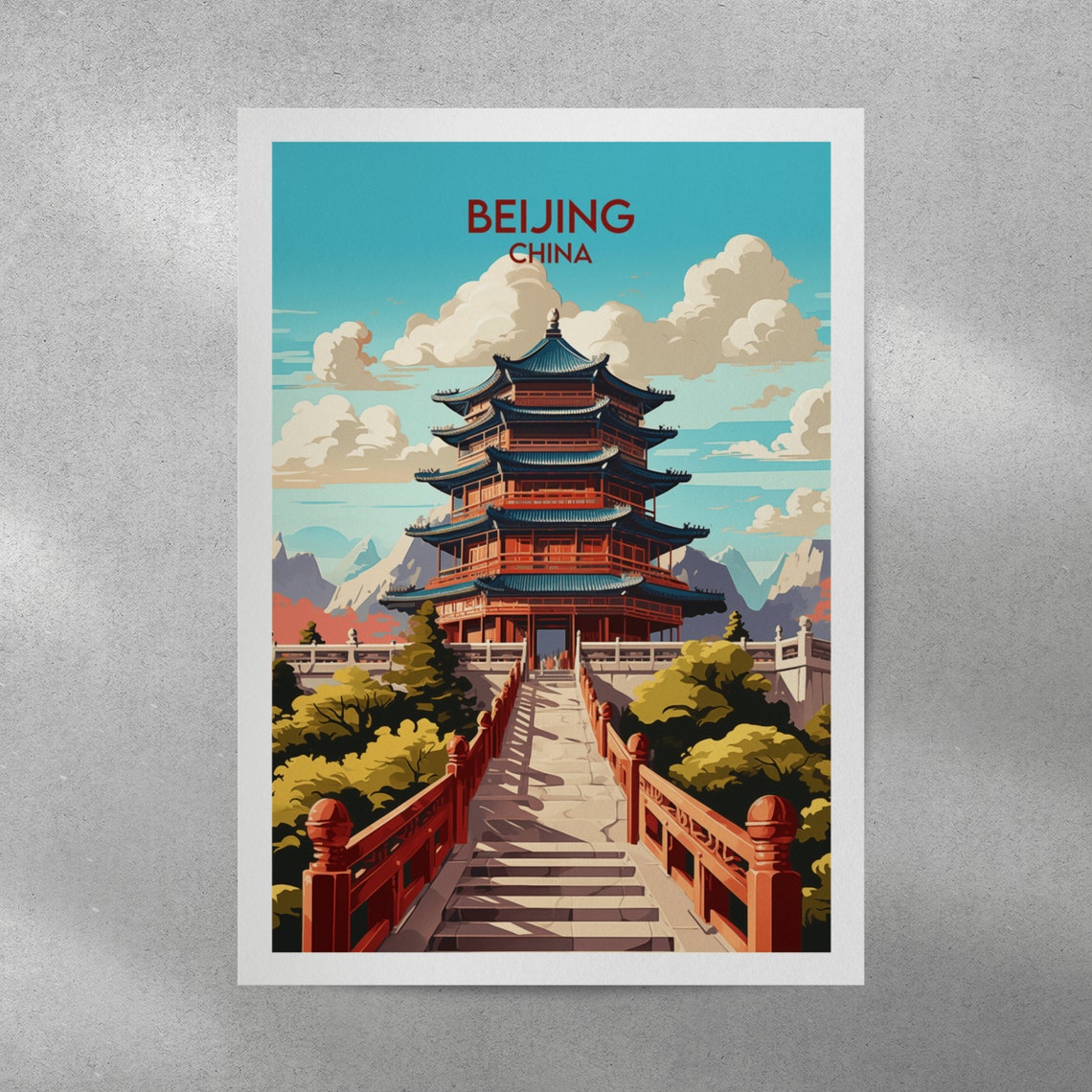 Beijing China Red Pagoda Temple with Mountain Retro Travel Poster - Image 3