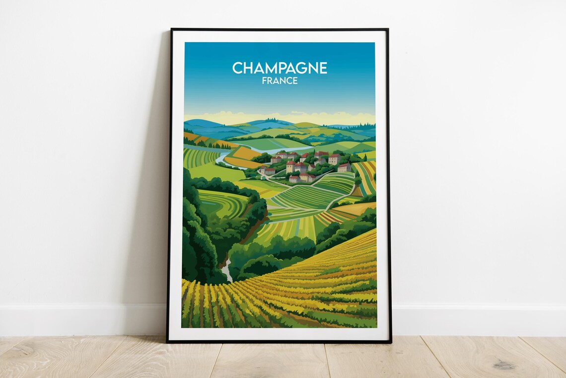 Champagne France Rolling Vineyards Village Vintage Travel Poster