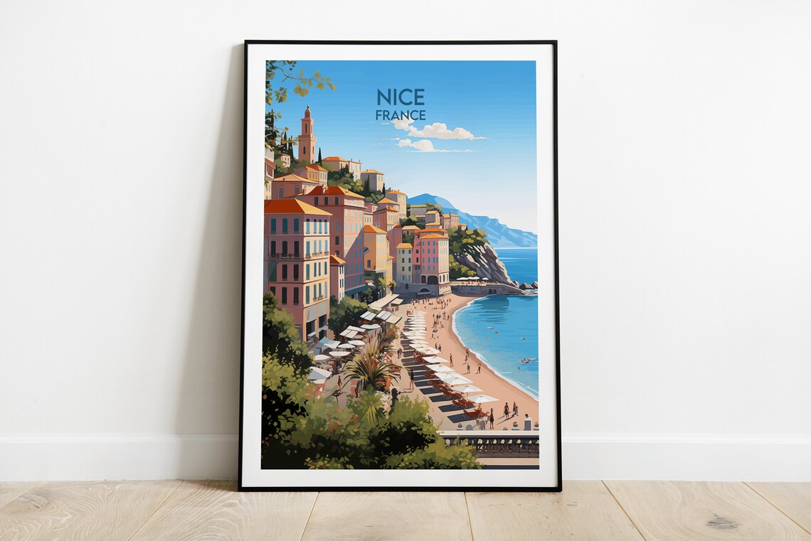 Nice France Riviera Beachfront Promenade Vintage Style Travel Poster
