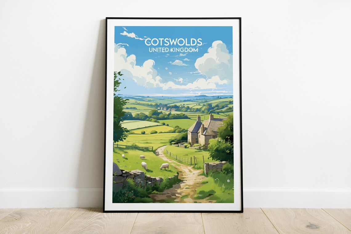 Cotswolds United Kingdom Stone Cottage Sheep Meadow Travel Poster