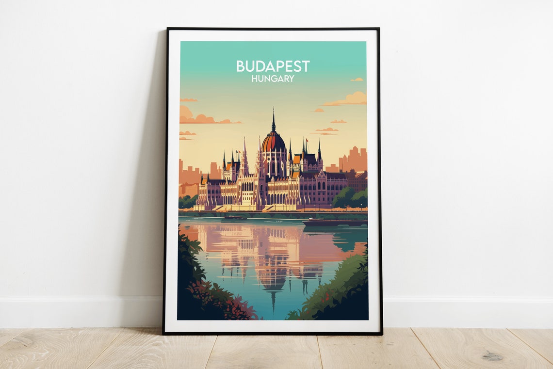 Budapest Hungary Parliament Danube Sunset Vintage Travel Poster