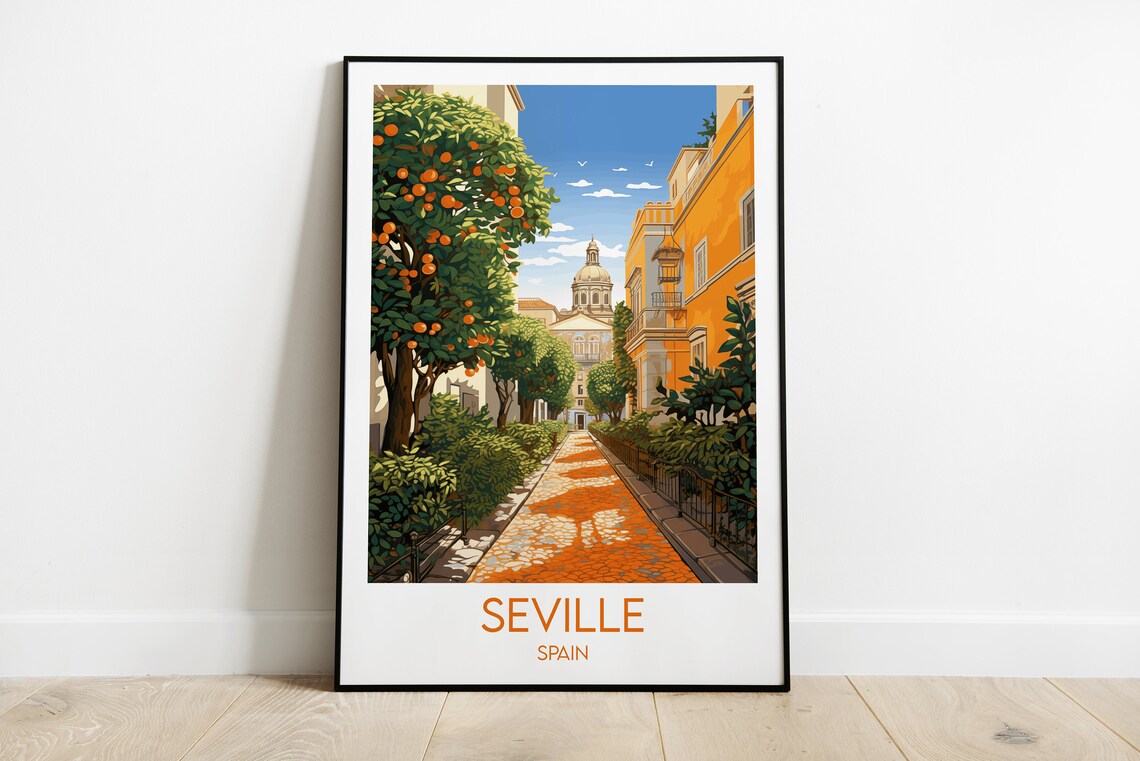 Seville Spain Orange Trees Garden Path Old Town Travel Poster