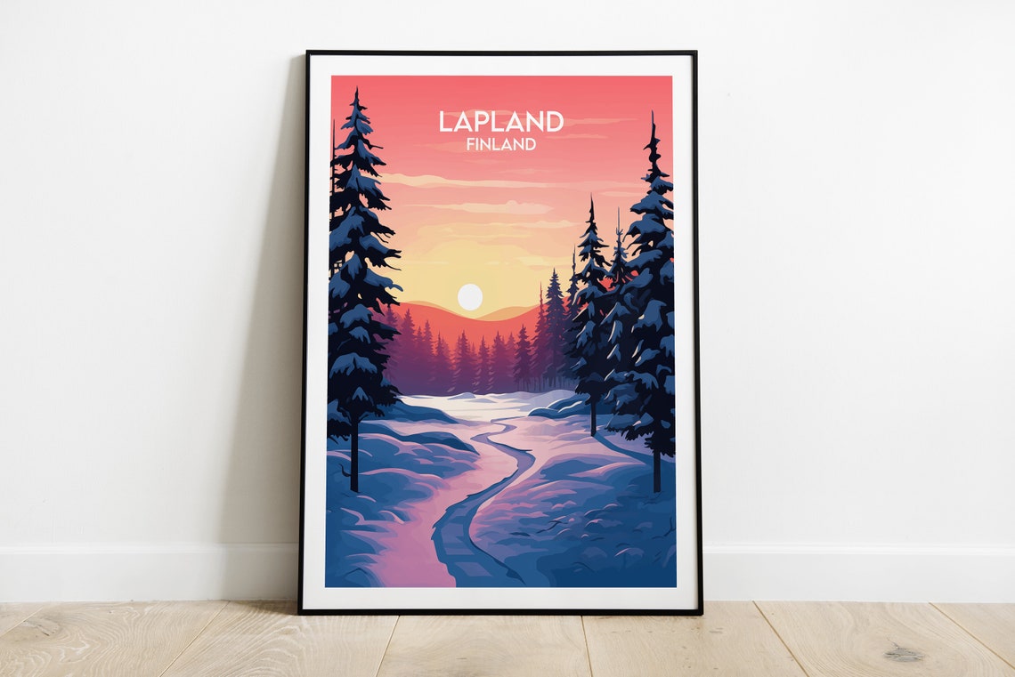 Lapland Finland Arctic Snowy Forest Sunset Vintage Travel Poster