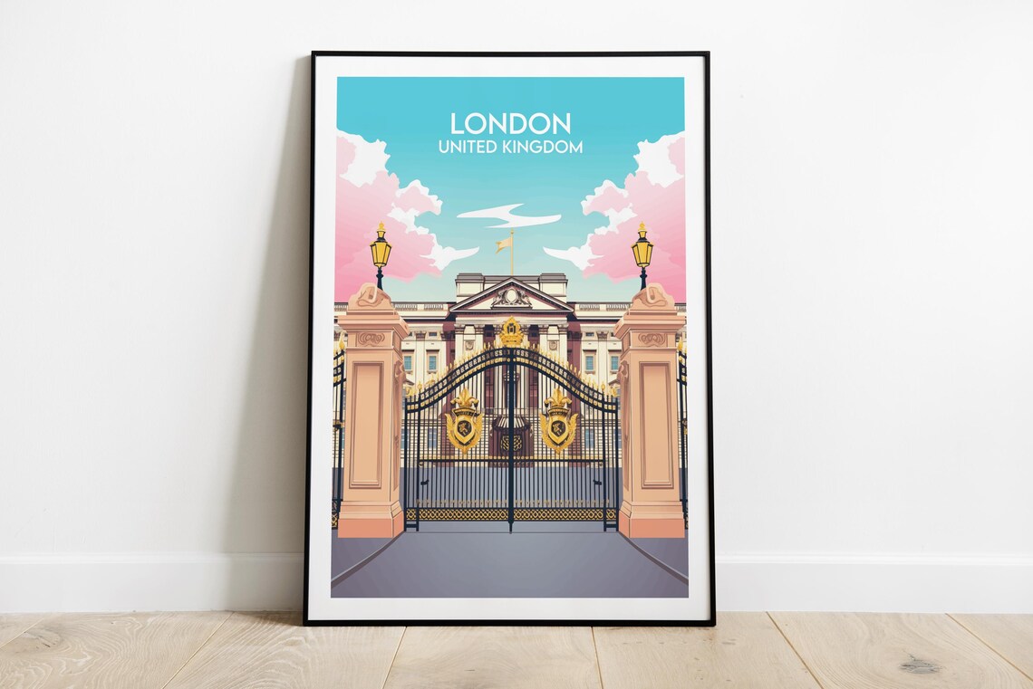 London United Kingdom Palace Gates Pink Sky Retro Travel Poster