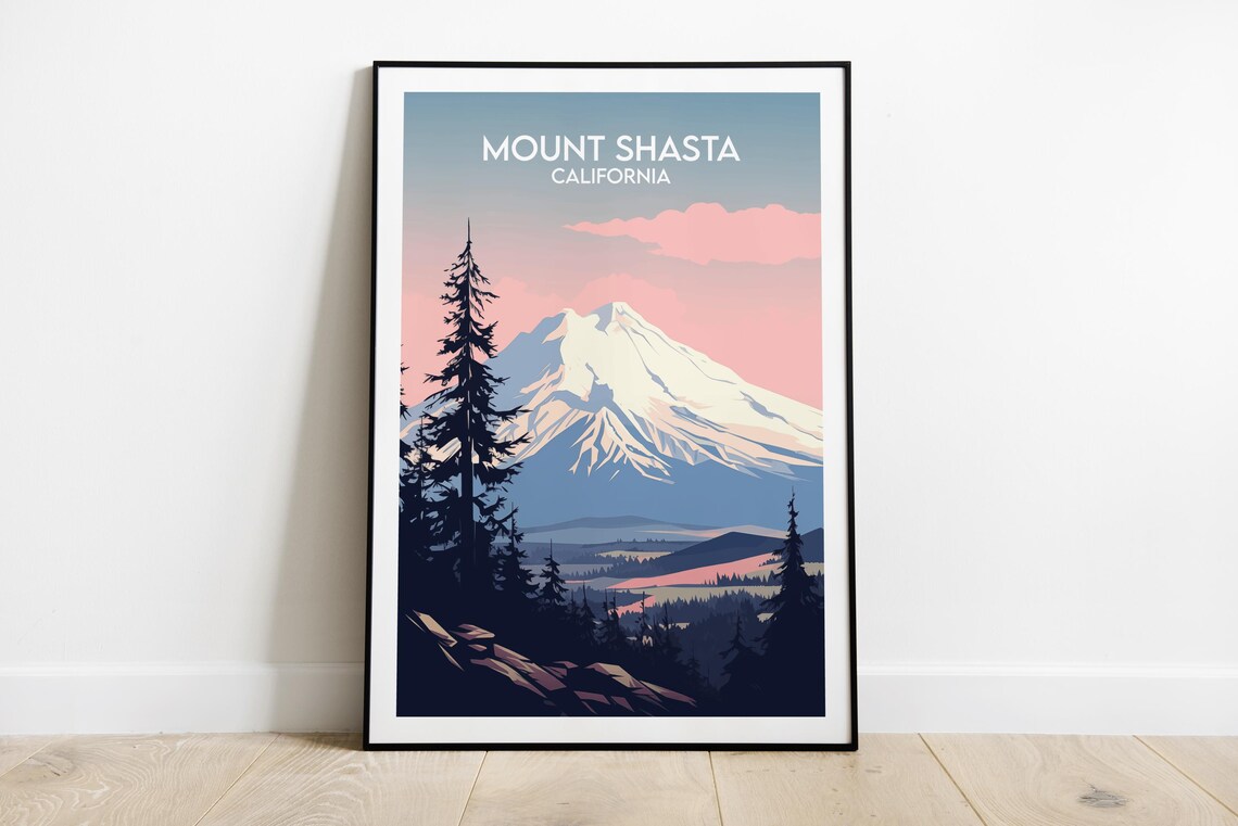 Mount Shasta California Minimalist Travel Poster Volcano Peak Pastel