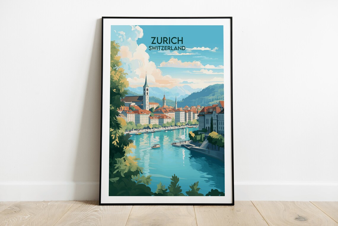 Zurich Switzerland Old Town River Spires Hills View Travel Poster