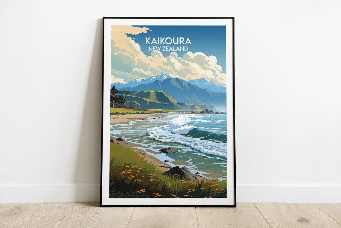 Kaikoura New Zealand Beach Waves Retro Illustrated Travel Poster