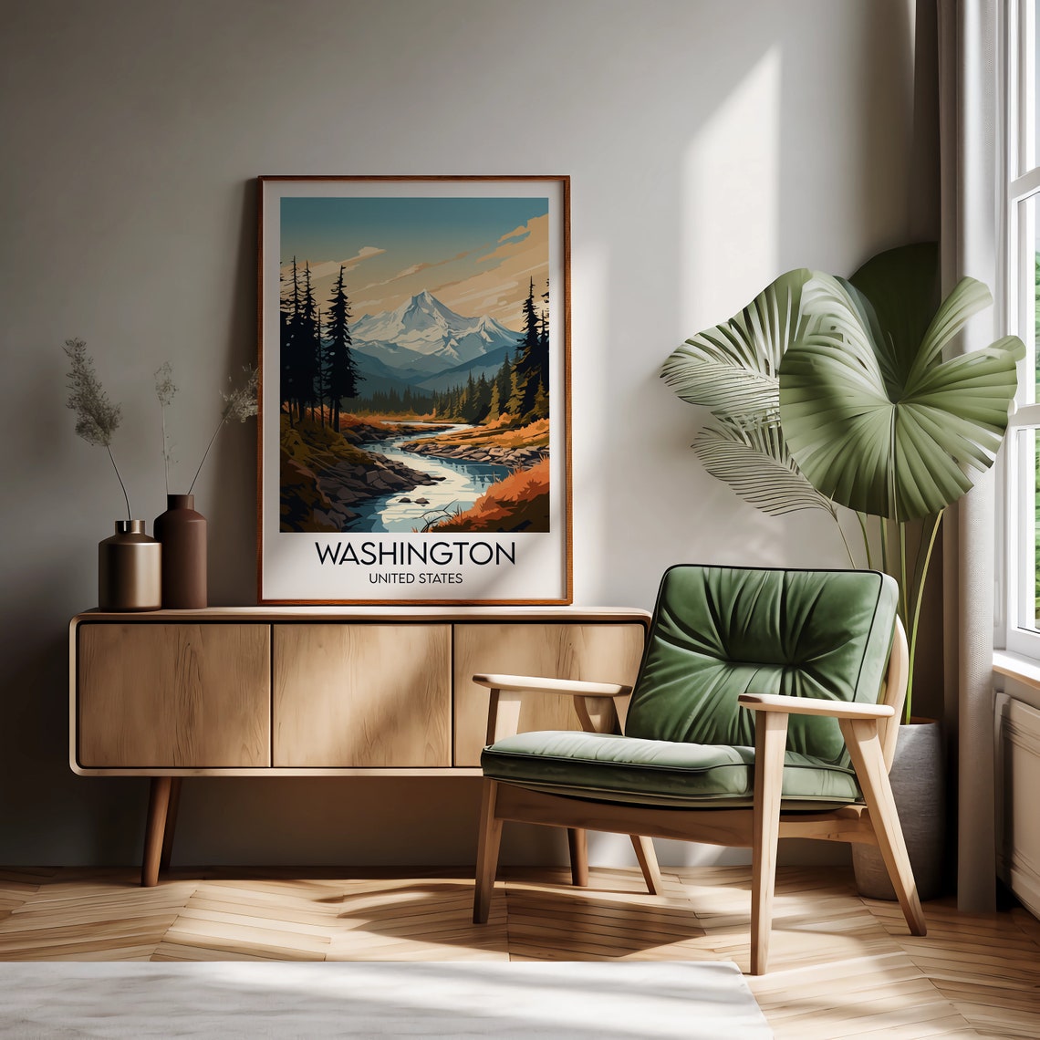 Washington USA Snow Capped Mountain River Pine Forest Travel Poster - Image 2