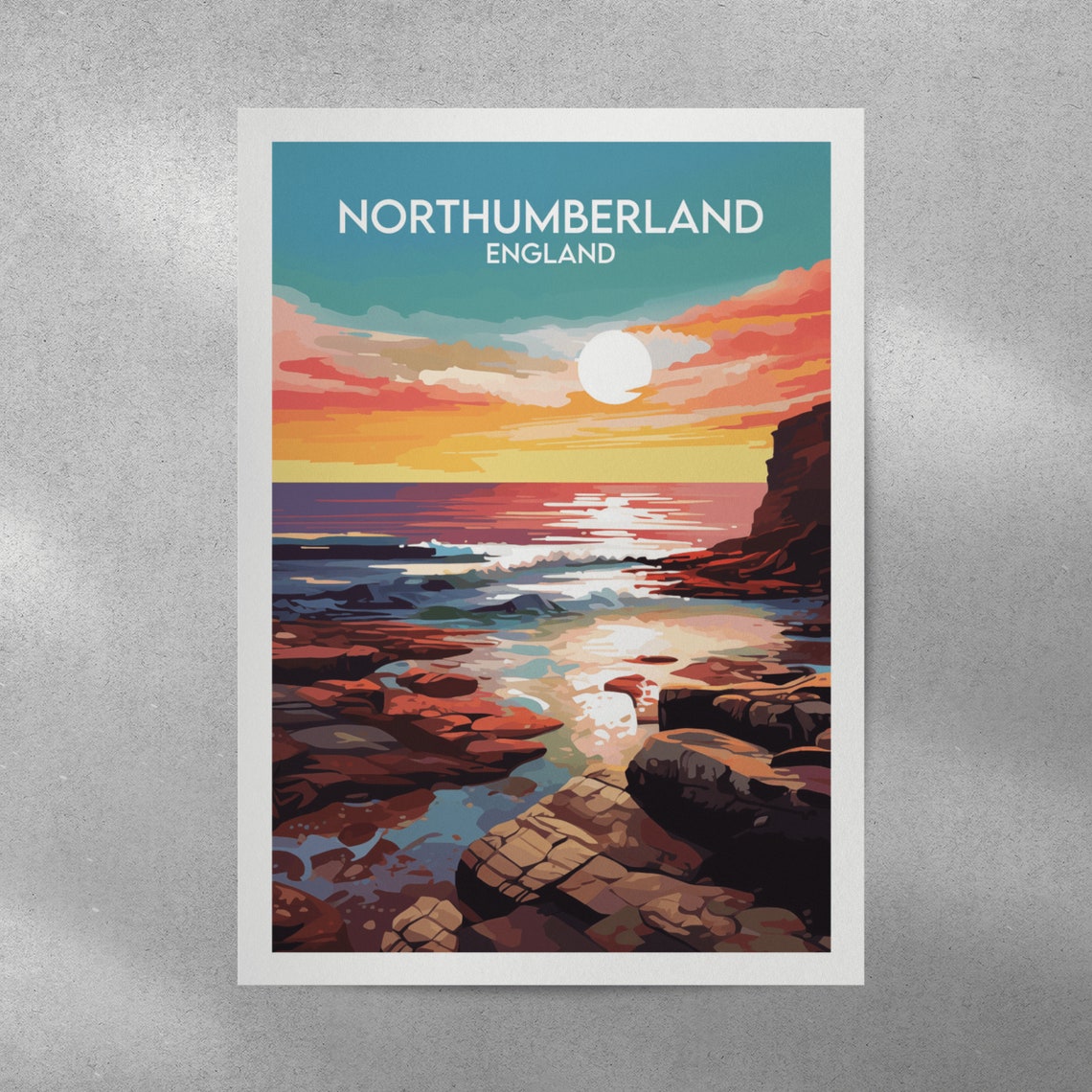 Northumberland England Rocky Coast Golden Sunset Travel Poster - Image 2