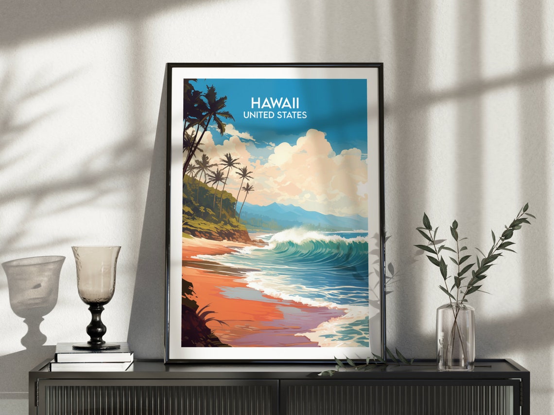 Hawaii United States Tropical Beach Palm Trees Waves Travel Poster - Image 3