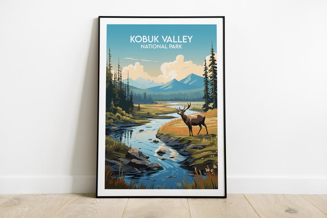 Kobuk Valley National Park Elk by River Mountain Scenic Poster