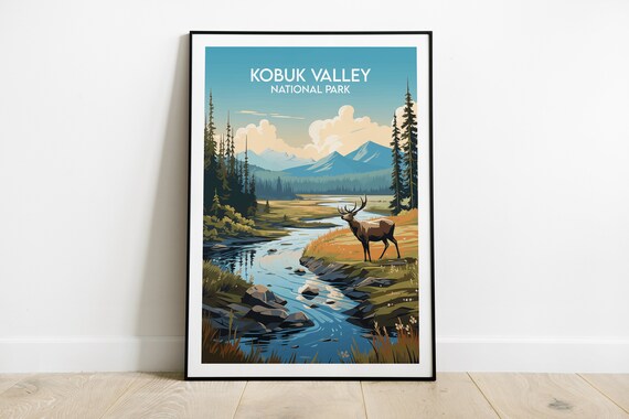 Kobuk Valley National Park Elk by River Mountain Scenic Poster