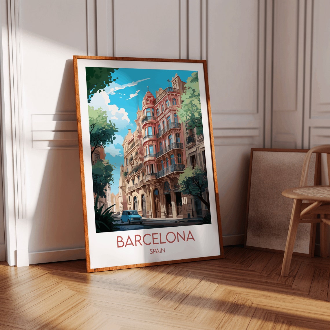 Barcelona Spain Ornate Facade Balconies Classic Car Travel Poster - Image 2