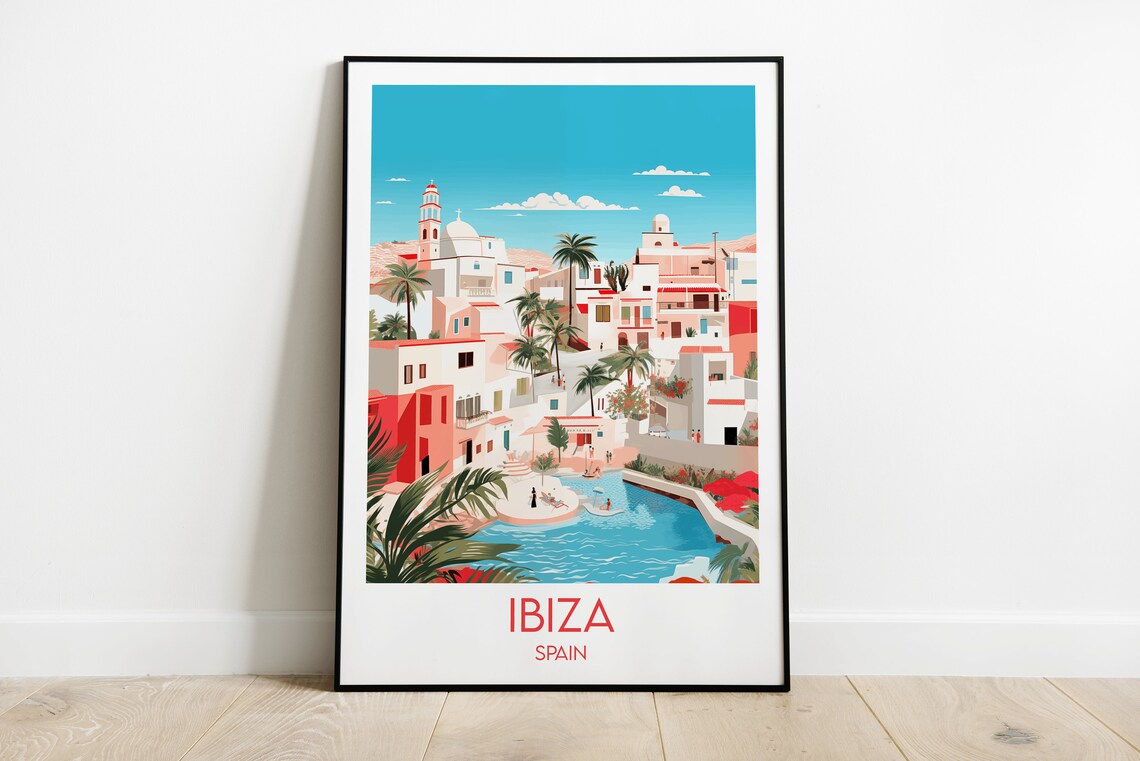 Ibiza Spain White Old Town Coastline Retro Travel Art Poster