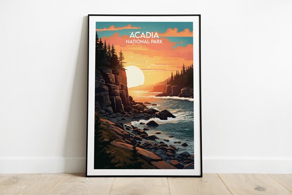 Acadia National Park Sunset Over Rocky Shoreline Vintage Travel Print