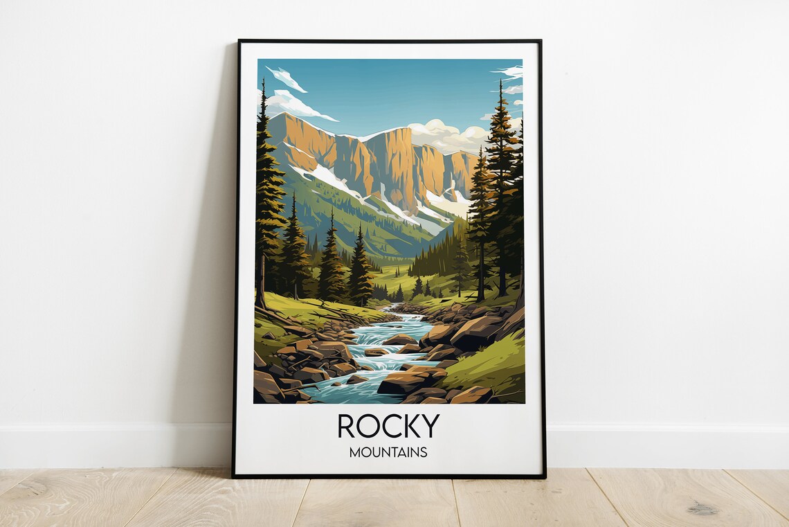 Rocky Mountains Alpine Stream Pines Golden Peaks Travel Poster