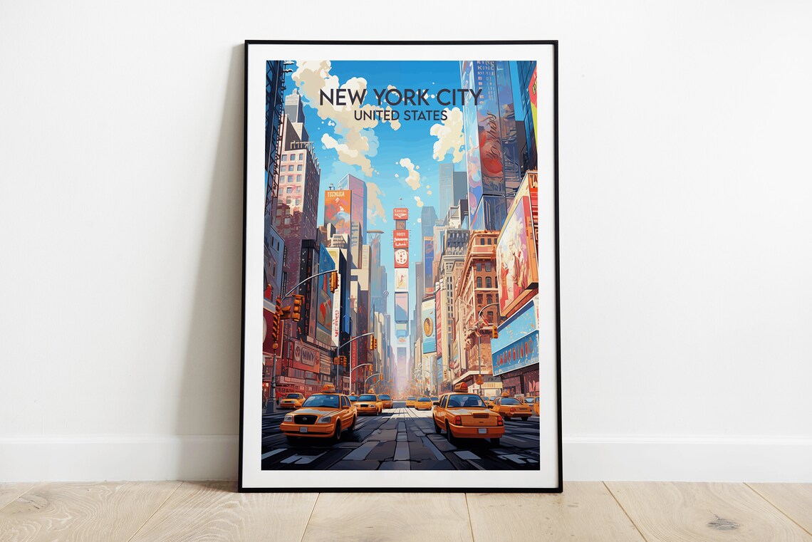 New York City Times Square Yellow Cabs Retro Illustrated Travel Poster