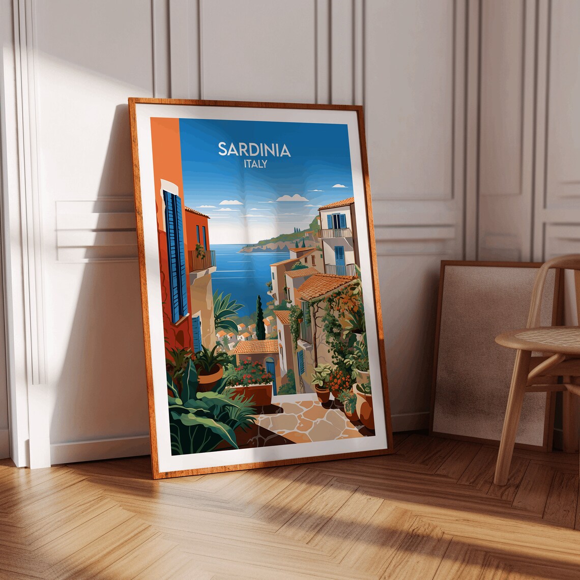 Sardinia Italy Village Street Blue Shutters Sea View Travel Poster - Image 3