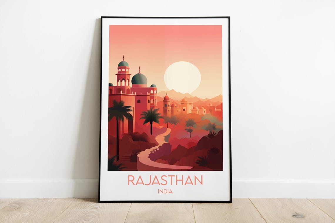 Rajasthan India Sunset Palace Domes Minimalist Travel Art Poster