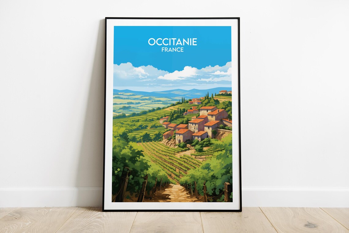 Occitanie France Vineyard Hillside Village Vintage Travel Poster