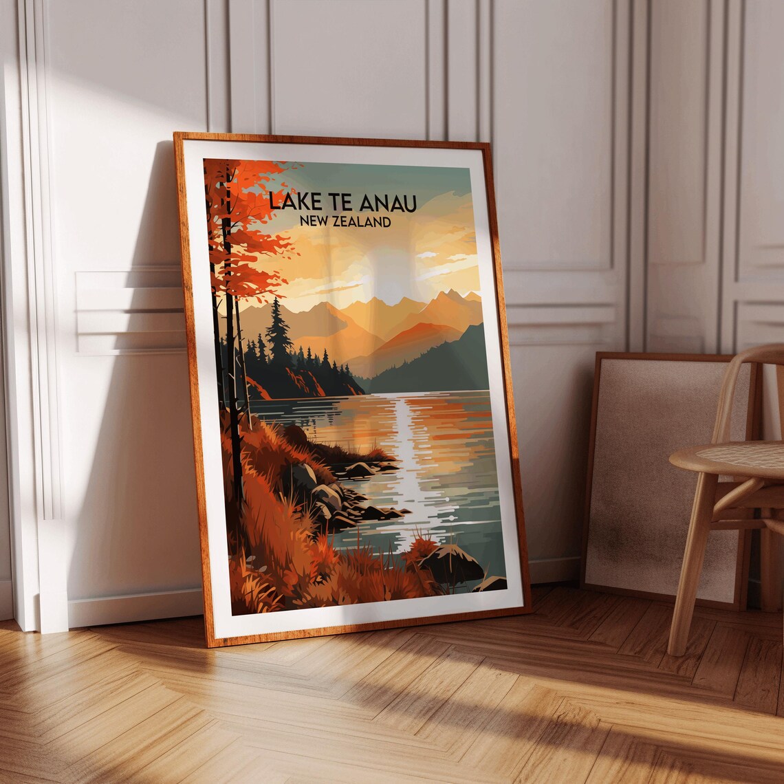 Lake Te Anau New Zealand Autumn Sunset Golden Lake Travel Poster - Image 3