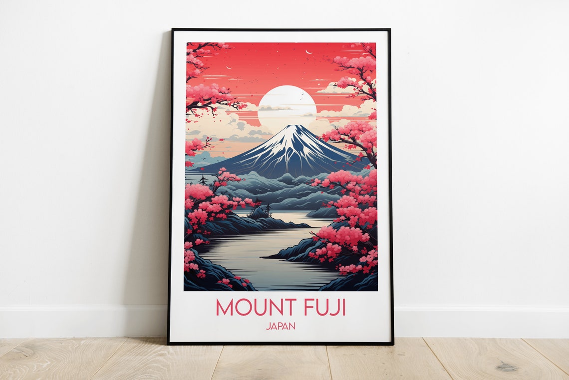 Mount Fuji Japan Cherry Blossom Sunset Mountain Travel Poster
