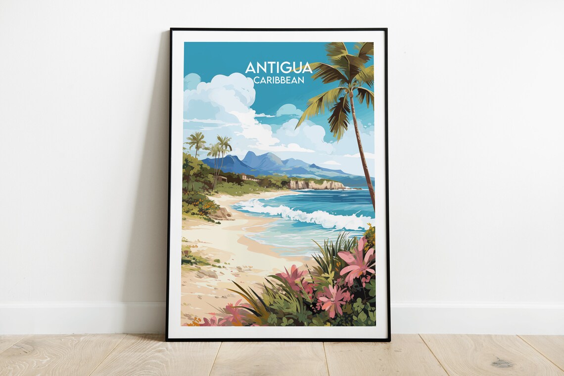 Antigua Caribbean Beach Palm Trees Tropical Coast Travel Poster