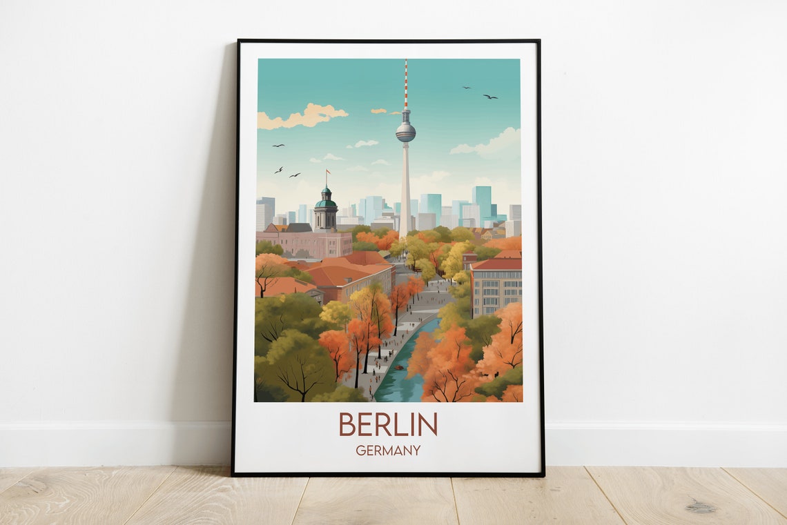 Berlin Germany TV Tower Autumn Skyline Retro Style Travel Poster