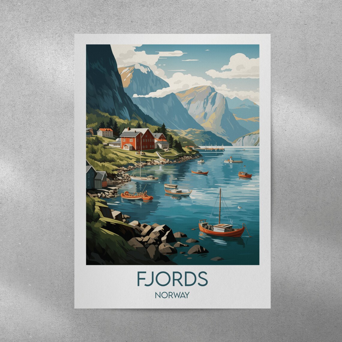 Norwegian Fjords Norway Red Fishing Cabins Harbor Travel Poster - Image 3