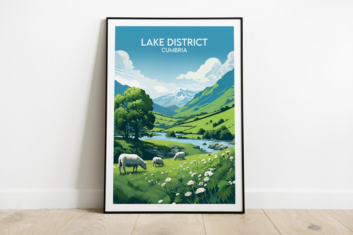 Lake District Cumbria Sheep Meadow Lake Mountain Travel Poster