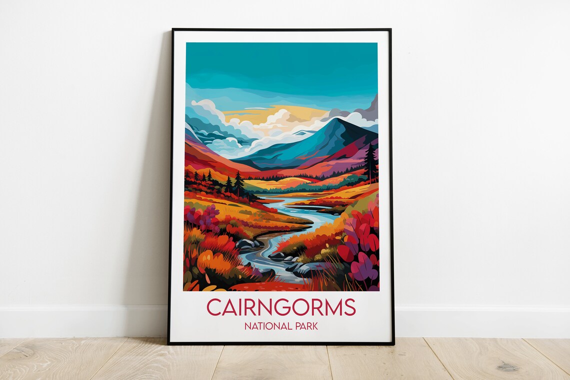 Cairngorms National Park Scotland Autumn Hills River Travel Poster