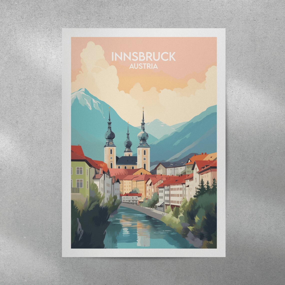 Innsbruck Austria Riverside Old Town Retro Illustrated Travel Poster - Image 3