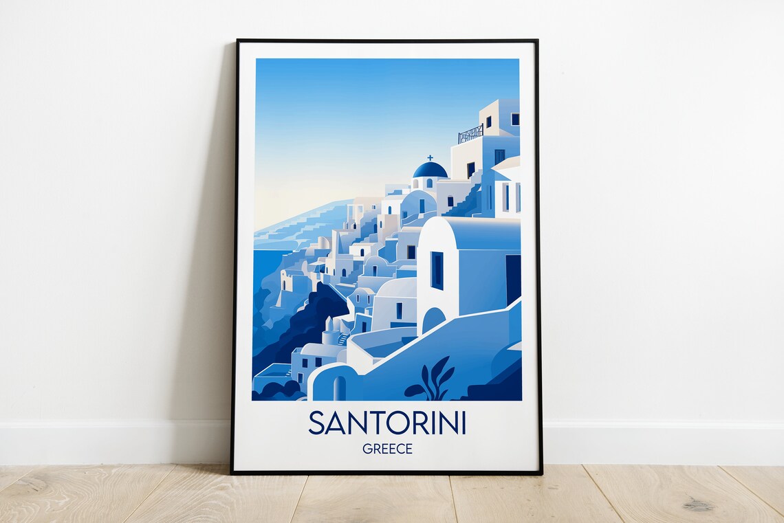 Santorini Greece Blue White Cycladic Island Village Travel Poster