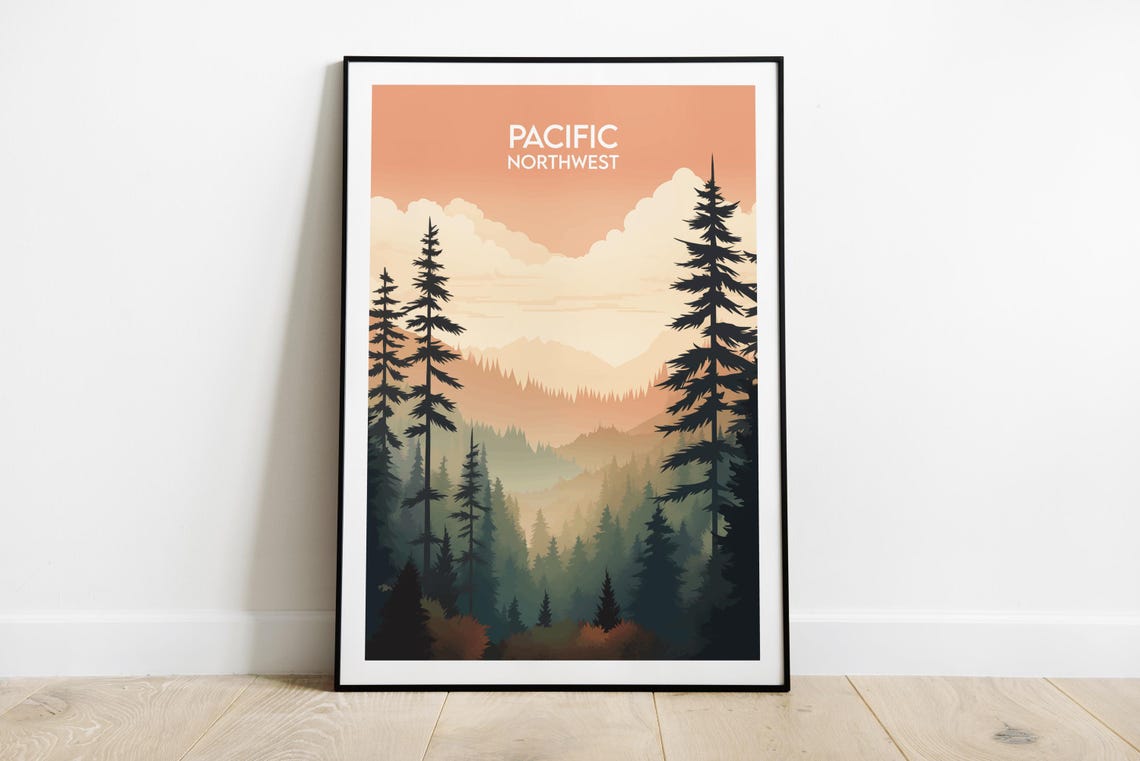 Pacific Northwest Sunset Pine Forest Vintage Travel Art Poster