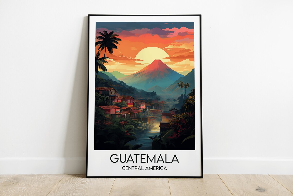 Guatemala Central America Volcano Sunset Vintage Travel Art Poster