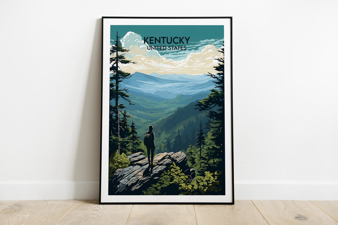 Kentucky Bluegrass Mountains Hiker Overlook Adventure Travel Poster