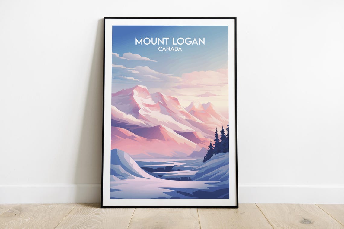 Mount Logan Canada Travel Poster Pink Sunset Snow Mountain Adventure
