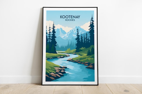 Kootenay Rockies Canada Travel Poster Mountain River Valley Scene