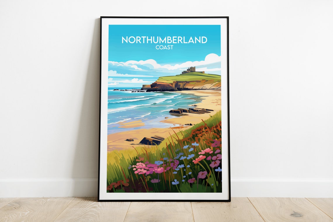 Northumberland Coast Sandy Beach Castle Headland Travel Poster