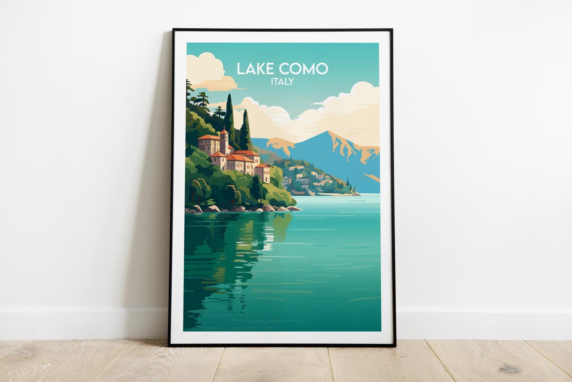 Lake Como Italy Vintage Travel Poster Turquoise Villa Mountains