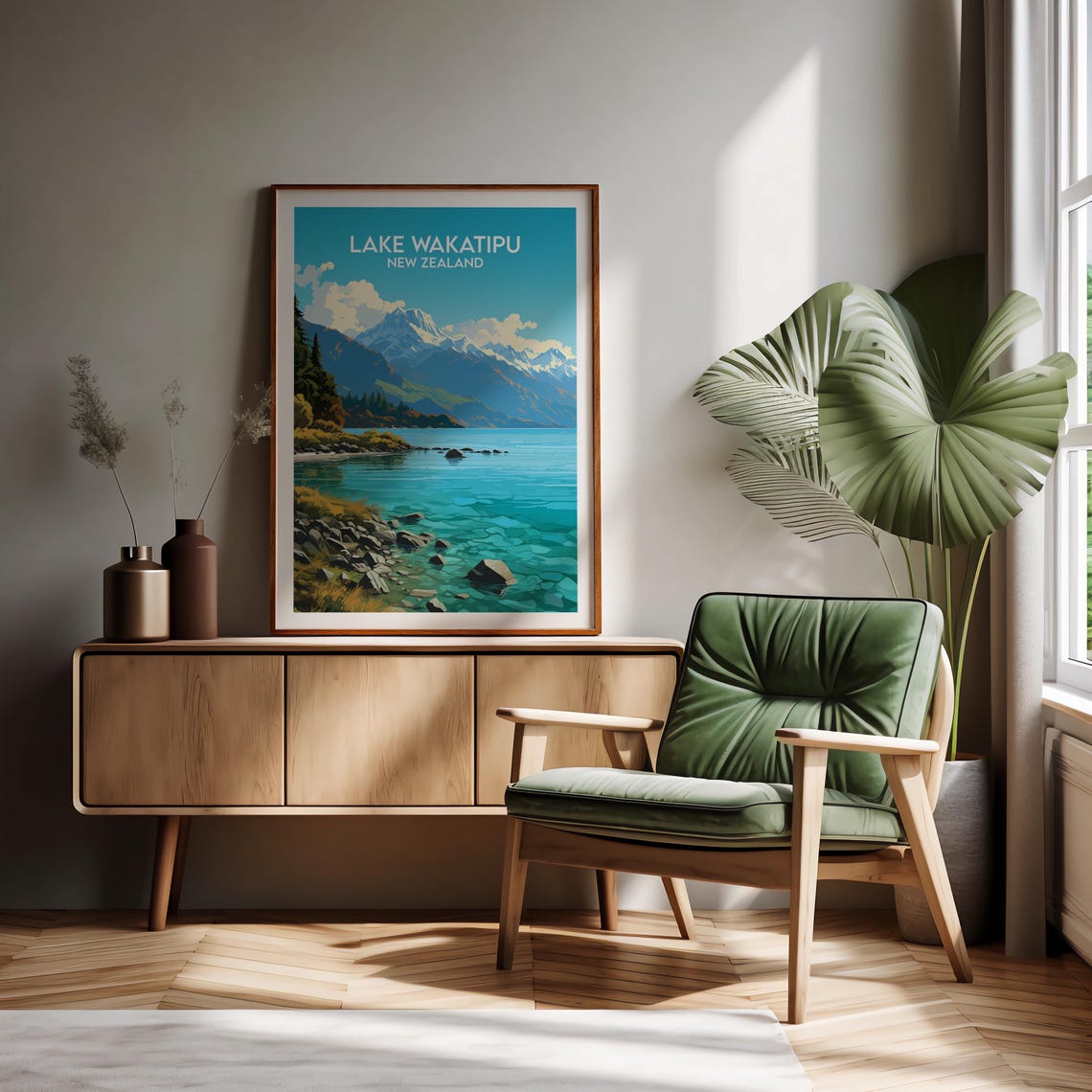 Lake Wakatipu New Zealand Clear Turquoise Lake Vintage Poster - Image 2