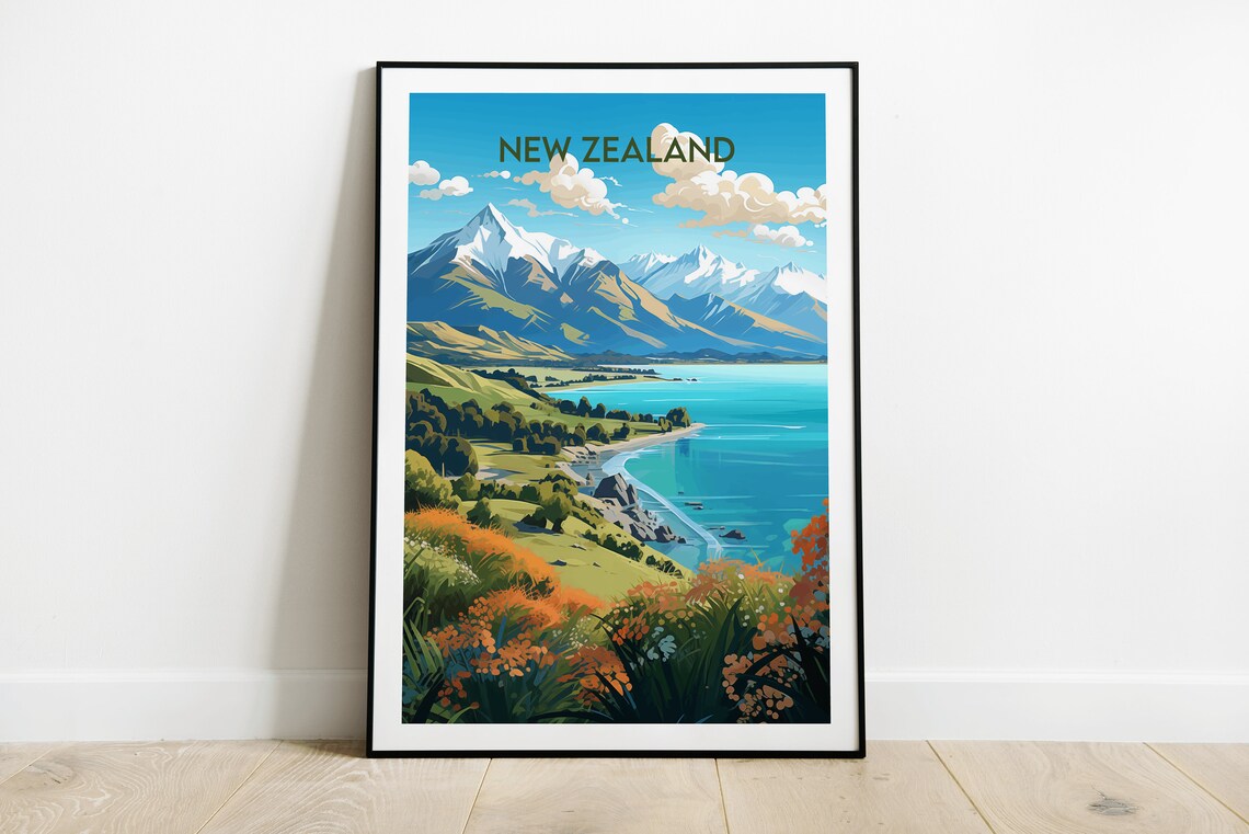 New Zealand Lake Taupo Snowy Peaks Turquoise Bay Scenic Travel Poster