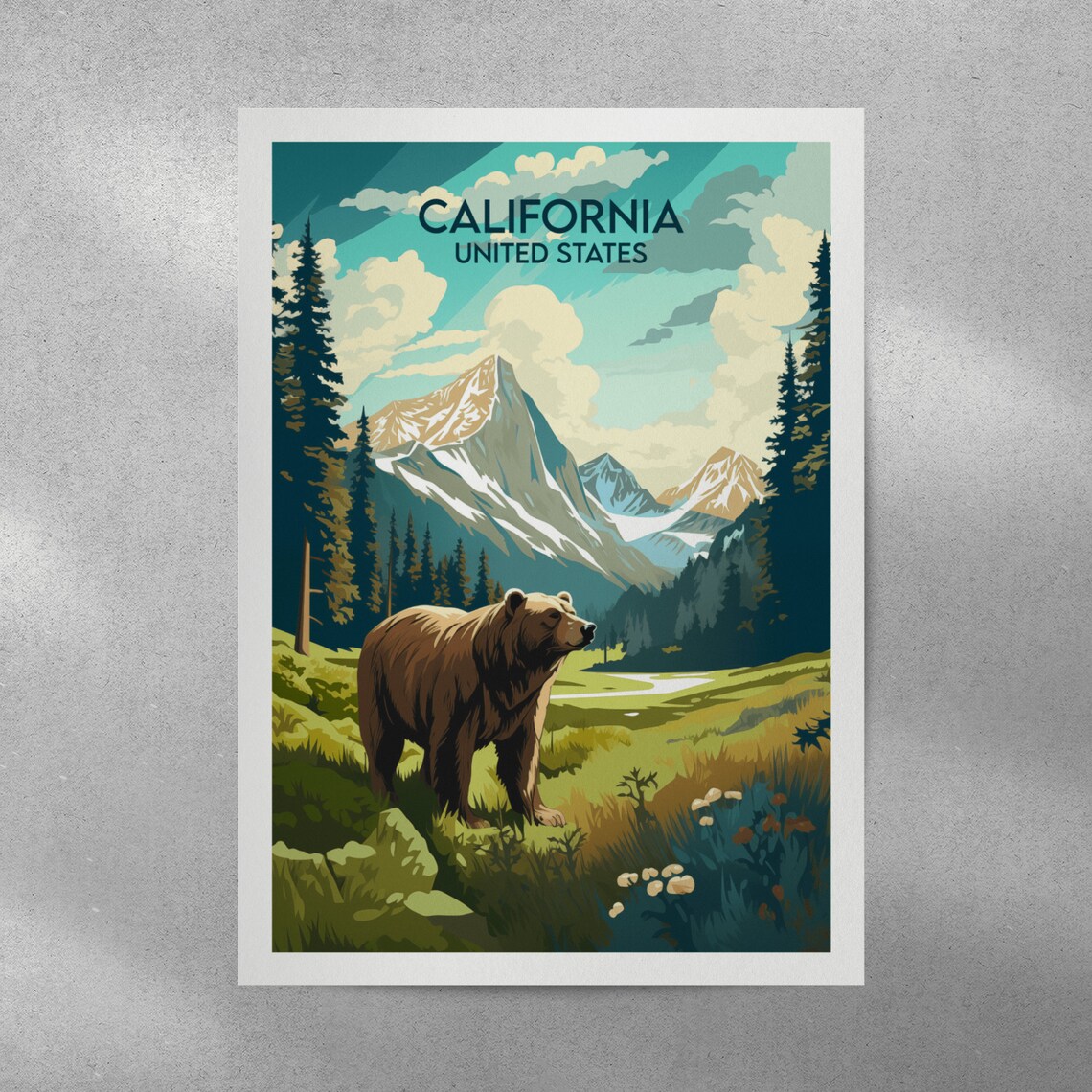California United States Grizzly Bear in Mountain Meadow Travel Poster - Image 3