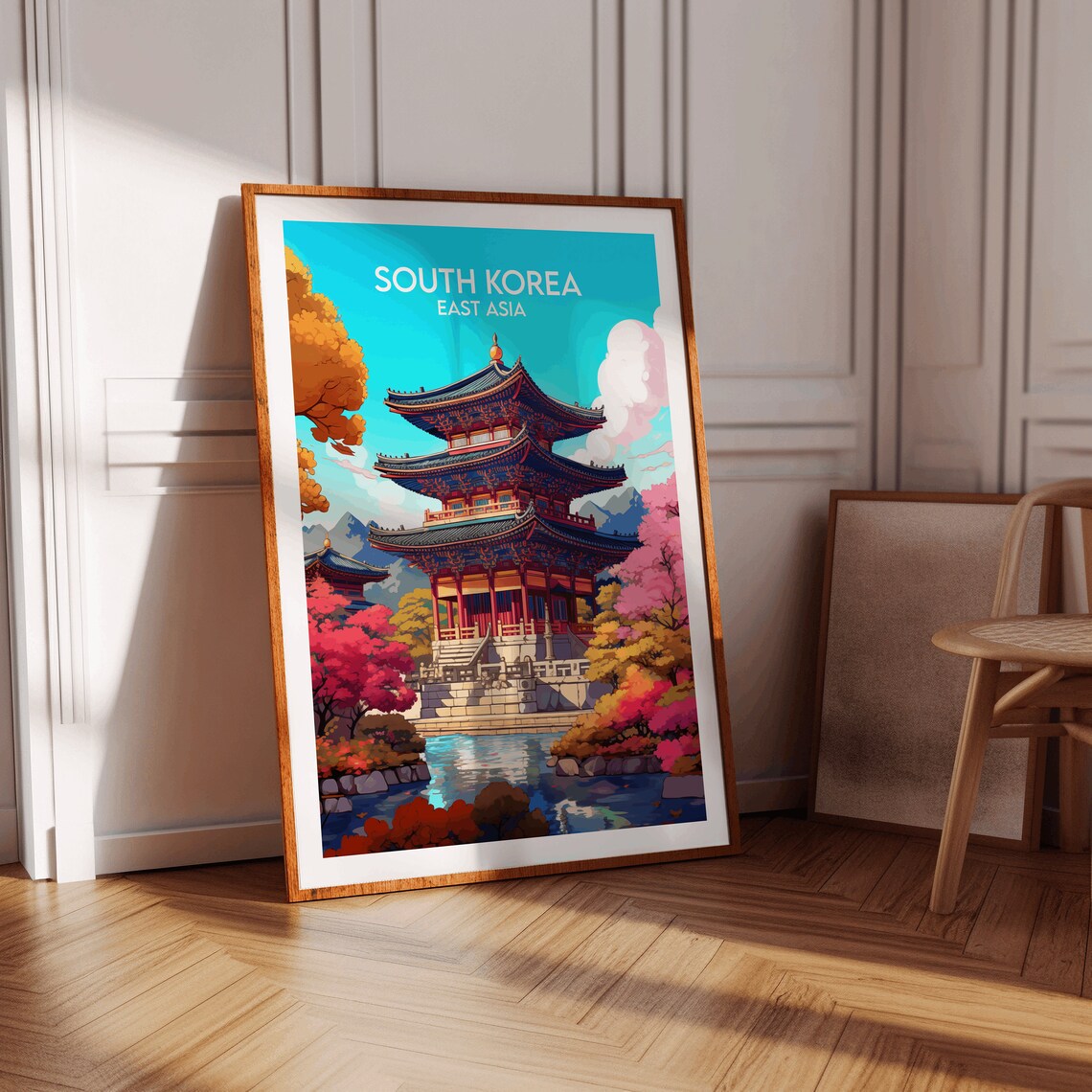 South Korea East Asia Pagoda Temple Blossom Lake Colorful Travel Print - Image 3